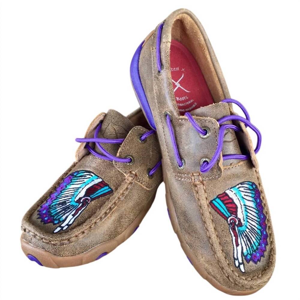 NEW TWISTED X women's bomber and purple headdress driving moccasin in brown